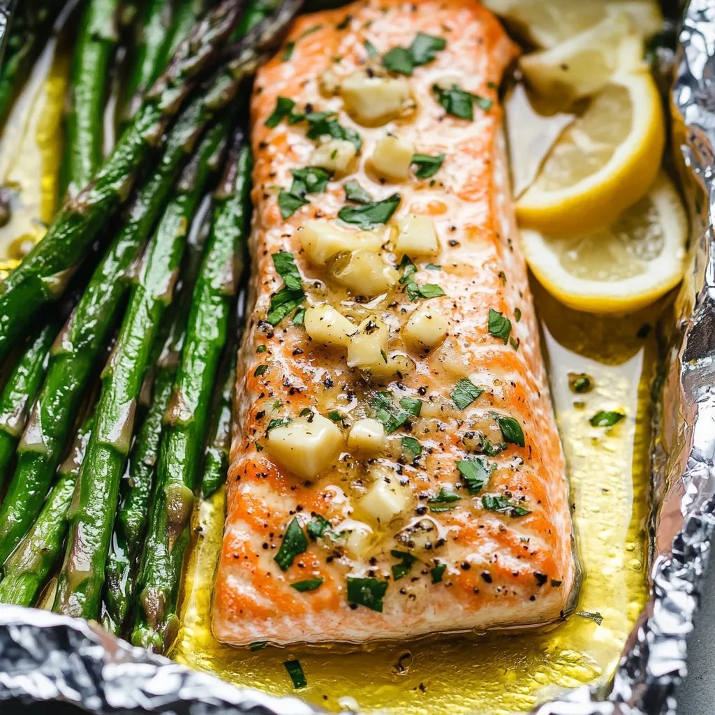 Lachs- und Spargel-Foil-Packs mit Knoblauch-Butter-Sauce