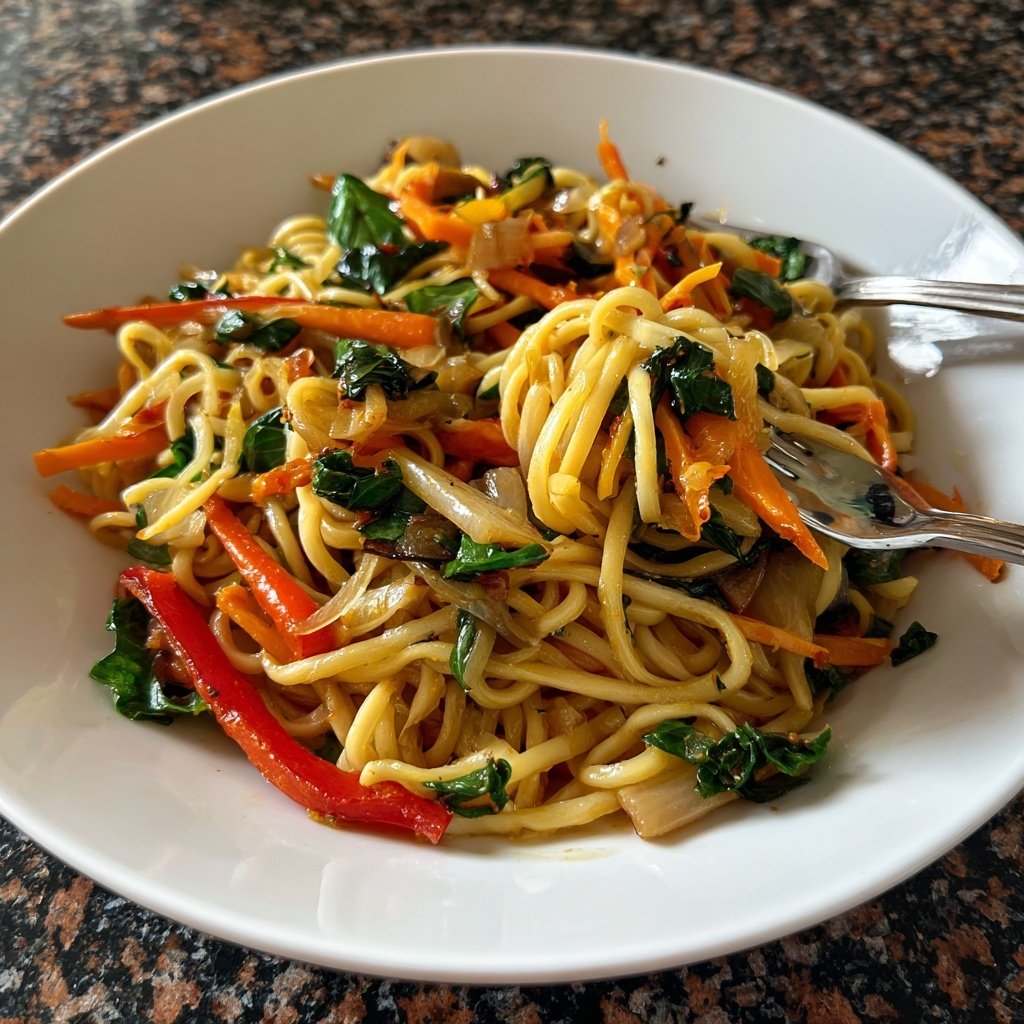 Mittagessen mit Nudeln und Gemüse